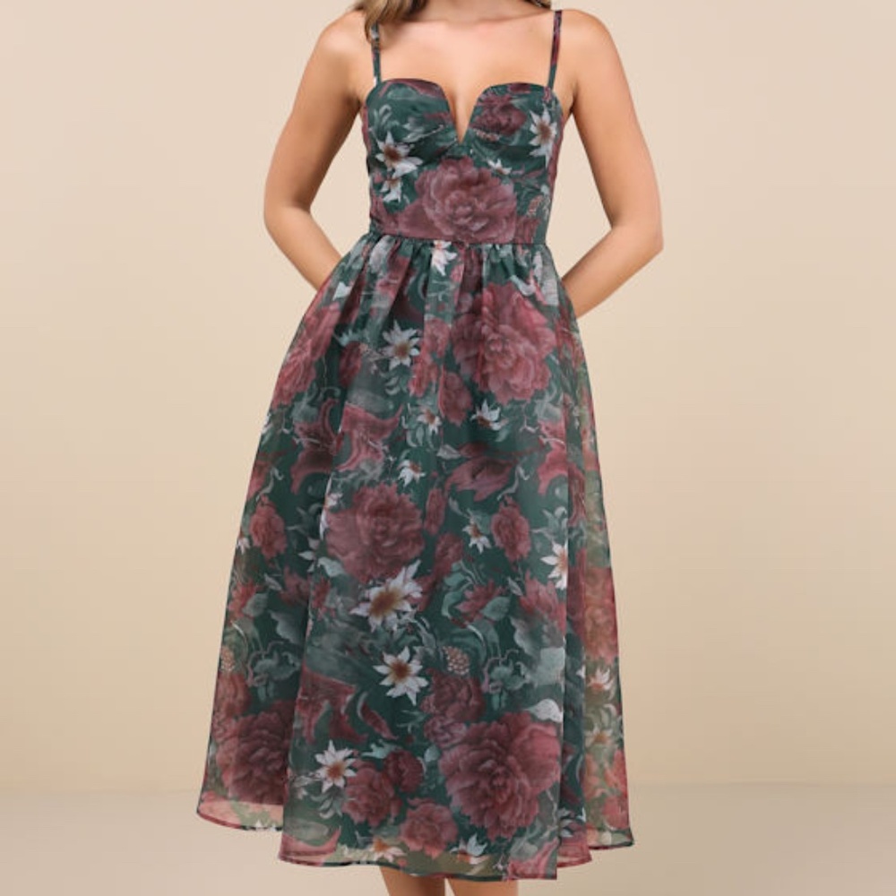 Lulus Cherished Aura Green Floral Organza Bustier Midi Dress - Size S